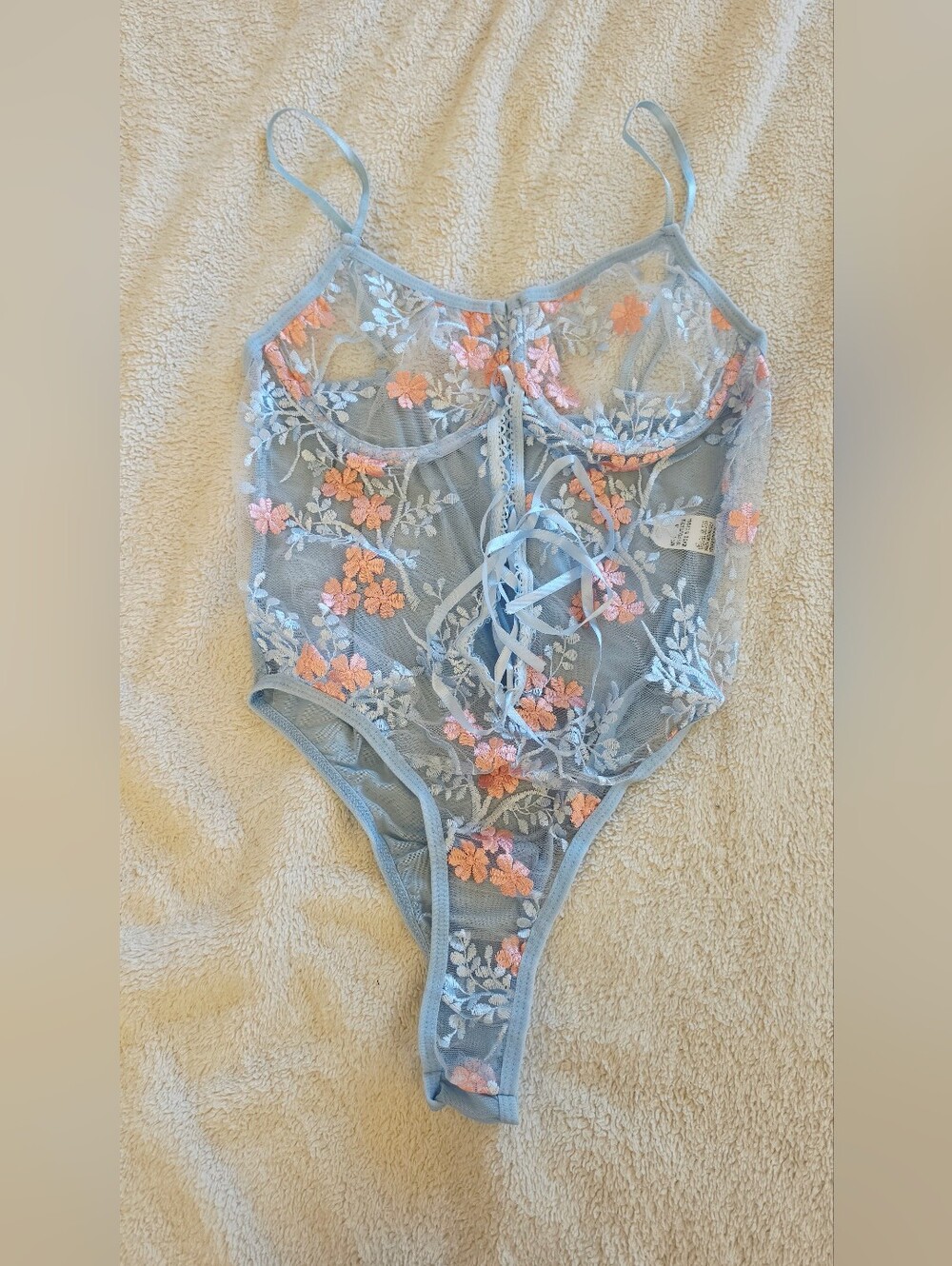 Sheer Blue Embroidered Floral Lace Bodysuit